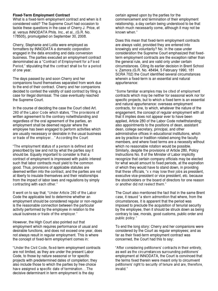 Fixed Term Employment Contract Pdf Employment Labour Law