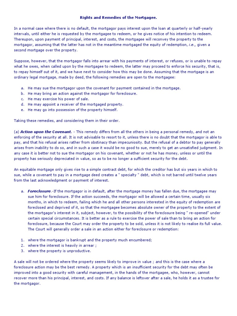 Mortgagee Rights and Remedies Explained | PDF | Mortgage Law | Foreclosure