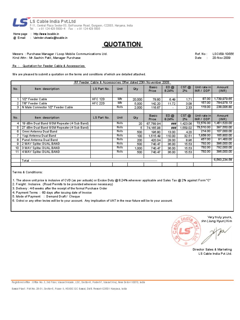 Quotation for Feeder Cable & Accessories | PDF | Market (Economics ...