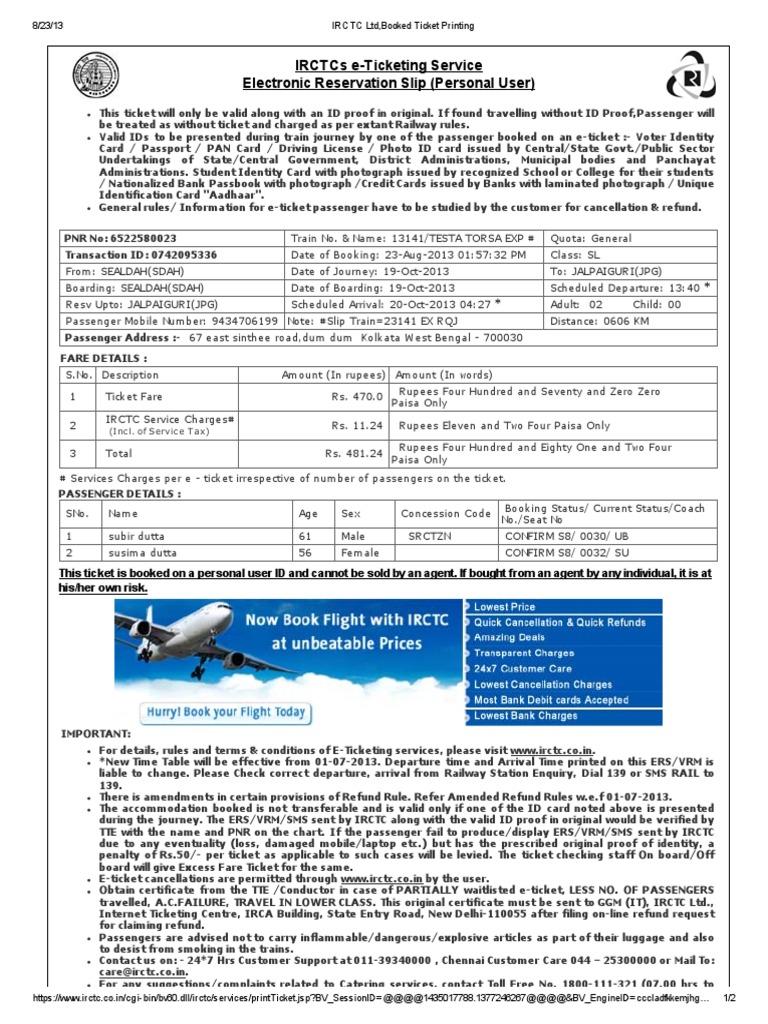 IRCTC E-Ticket Booking Details | PDF | Identity Document | Ticket ...