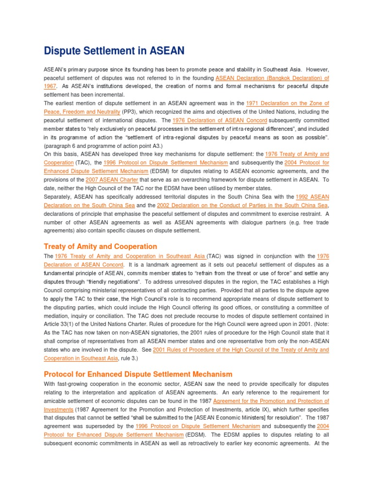 Dispute Settlement in ASEAN PDF Association Of Southeast Asian