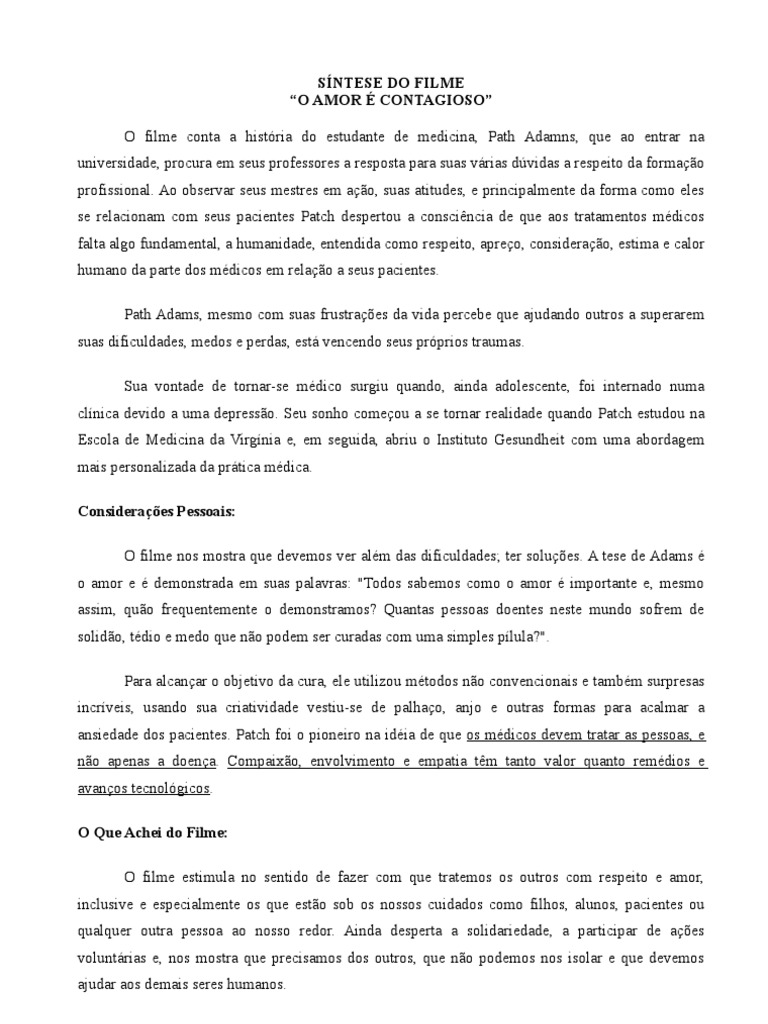 Síntese Do Filme O Amor É Contagioso | PDF