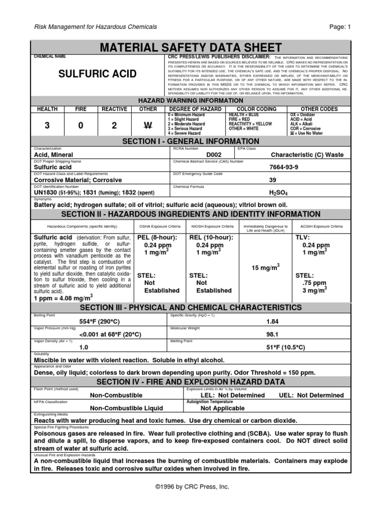 MSDS Sulfuric Acid Sulfur