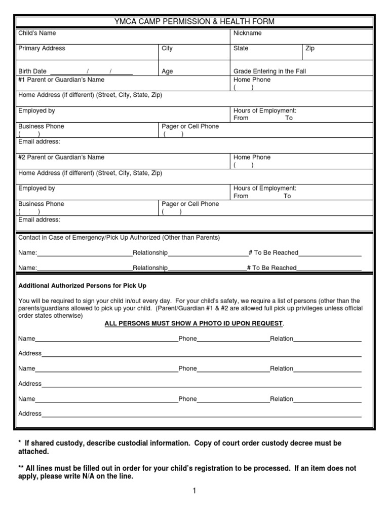 Ymca Camp Permission & Health Form: Additional Authorized Persons For ...