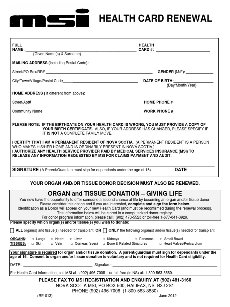 Nova Scotia Health Card Renewal Form | PDF | Organ Transplantation ...