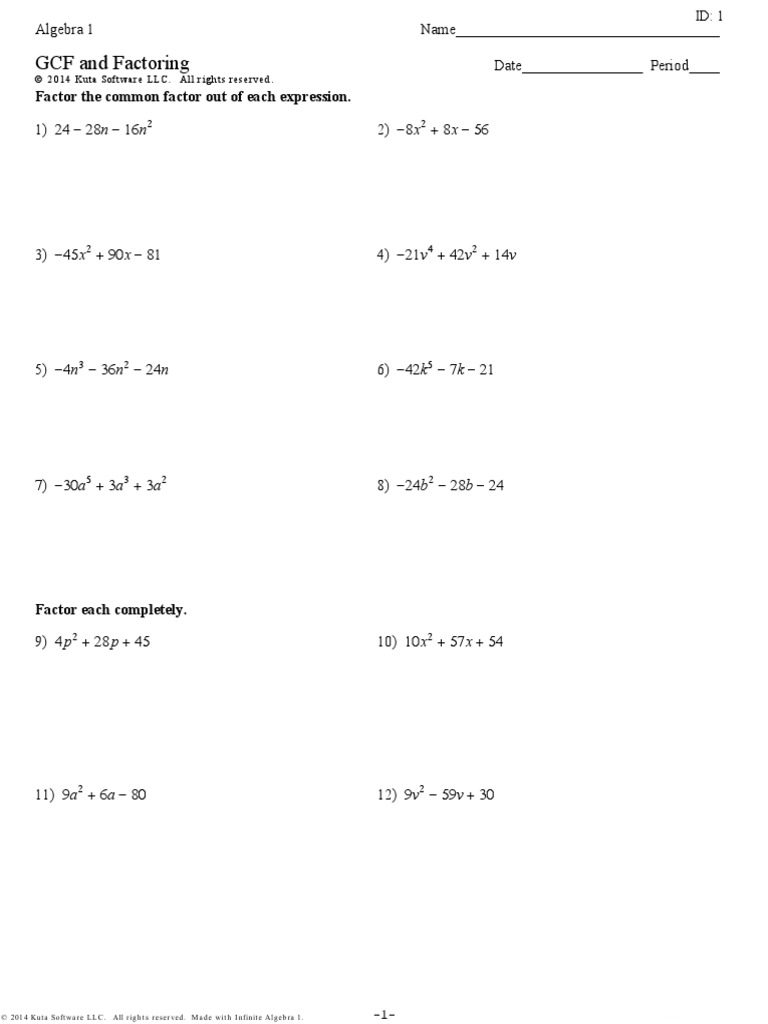 Algebra 20 - GCF and Factoring  PDF Intended For Factoring Worksheet Algebra 1