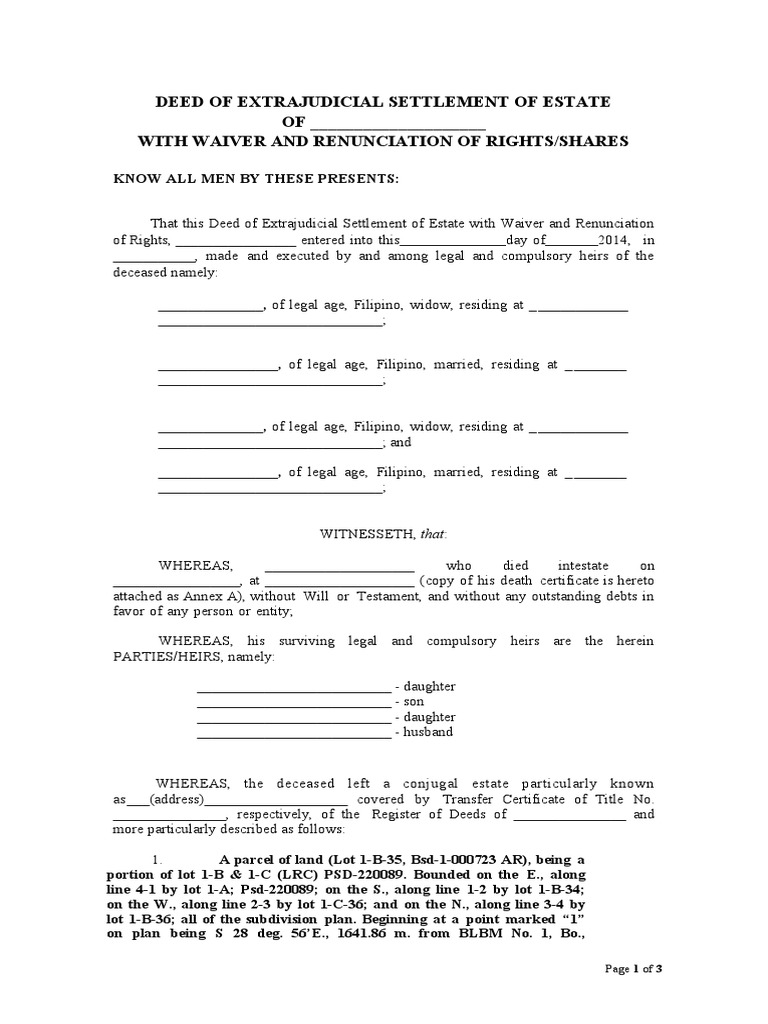 Extrajudicial Settlement of Estate Sample | PDF | Inheritance | Private Law
