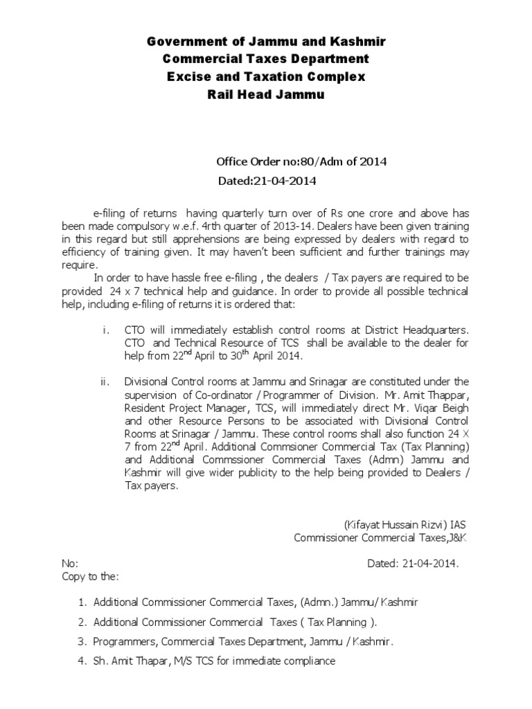 Government of Jammu and Kashmir Commercial Taxes Department Excise and Taxation Complex Rail