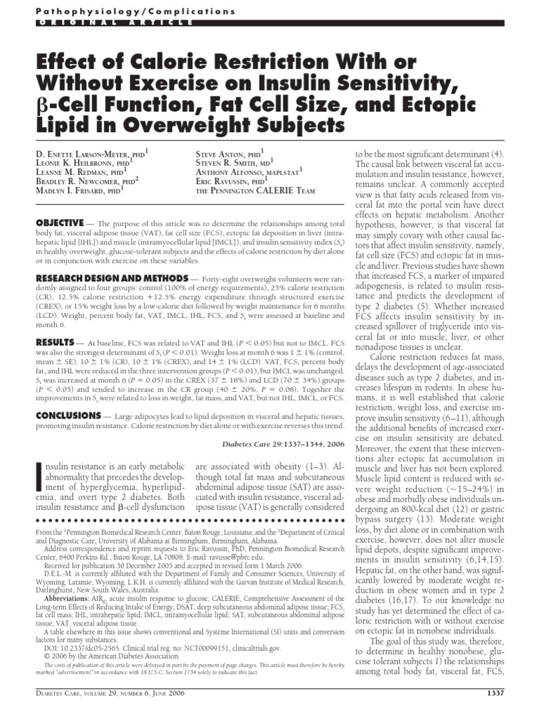 Calorie Restriction With or Without Exercise On Insulin Sensitivity ...