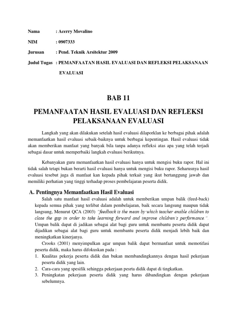 Pemanfaatan Hasil Evaluasi Dan Refleksi Pelaksanaan Evaluasi