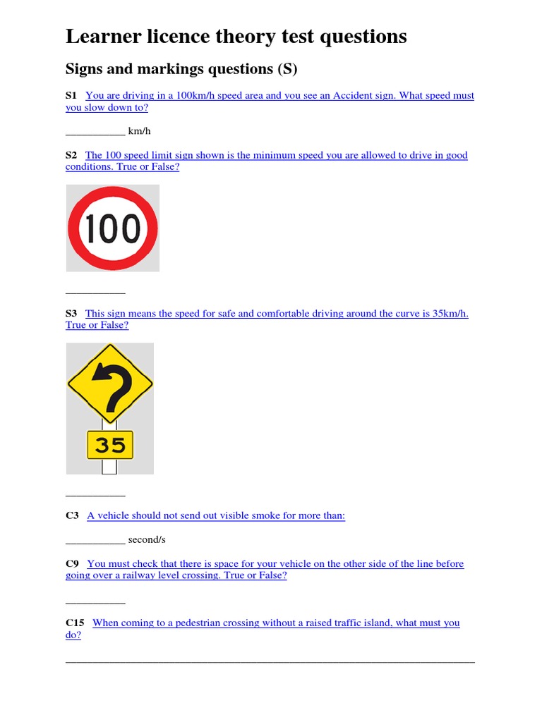 learner licence theory test question1 signs and markings Traffic