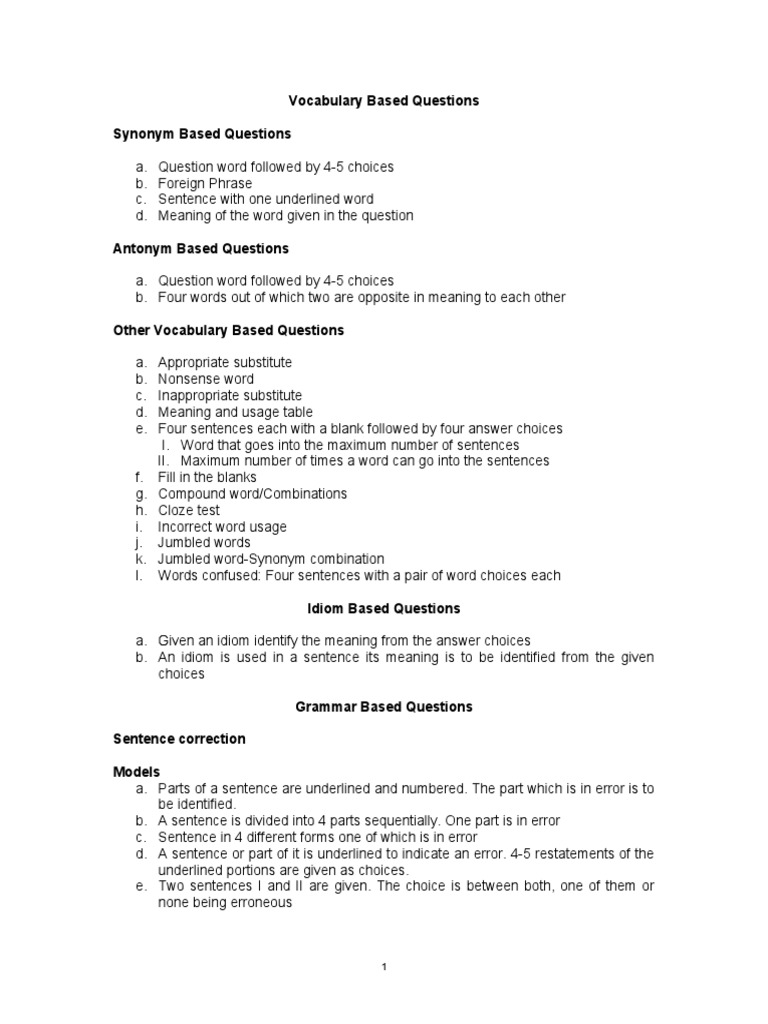 Vocabulary Based Questions Synonym Based Questions PDF