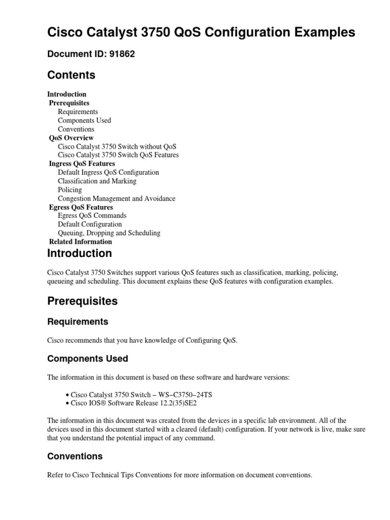 Cisco Catalyst 3750 Qos Configuration Examples: Document Id: 91862 ...