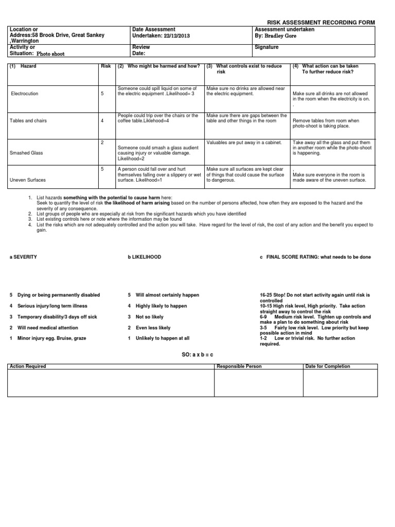 Photo Shoot Risk Assessment | PDF | Risk | Disability