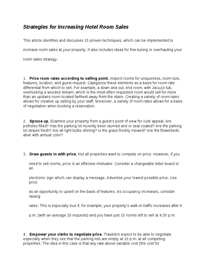 Strategies For Increasing Hotel Room Sales PDF Employment Hotel