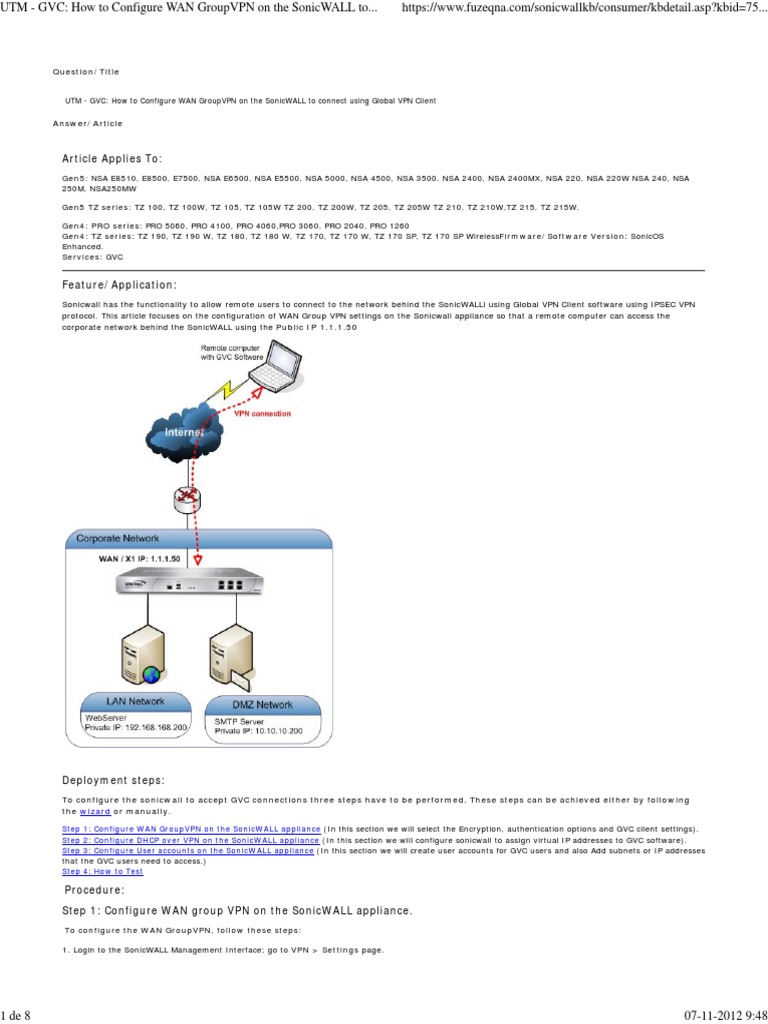 Configure WAN GroupVPN on the SonicWALL to Connect Using Global VPN