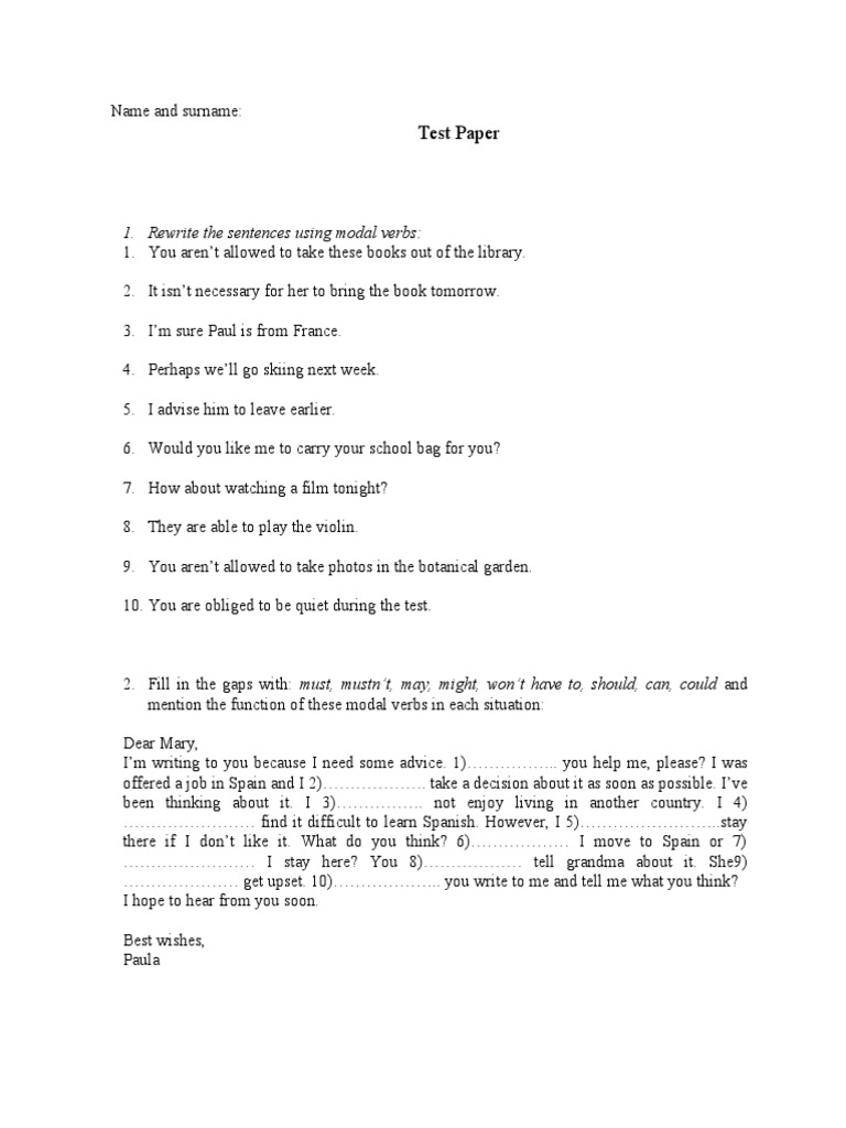 Modal Verbs Test Paper | PDF