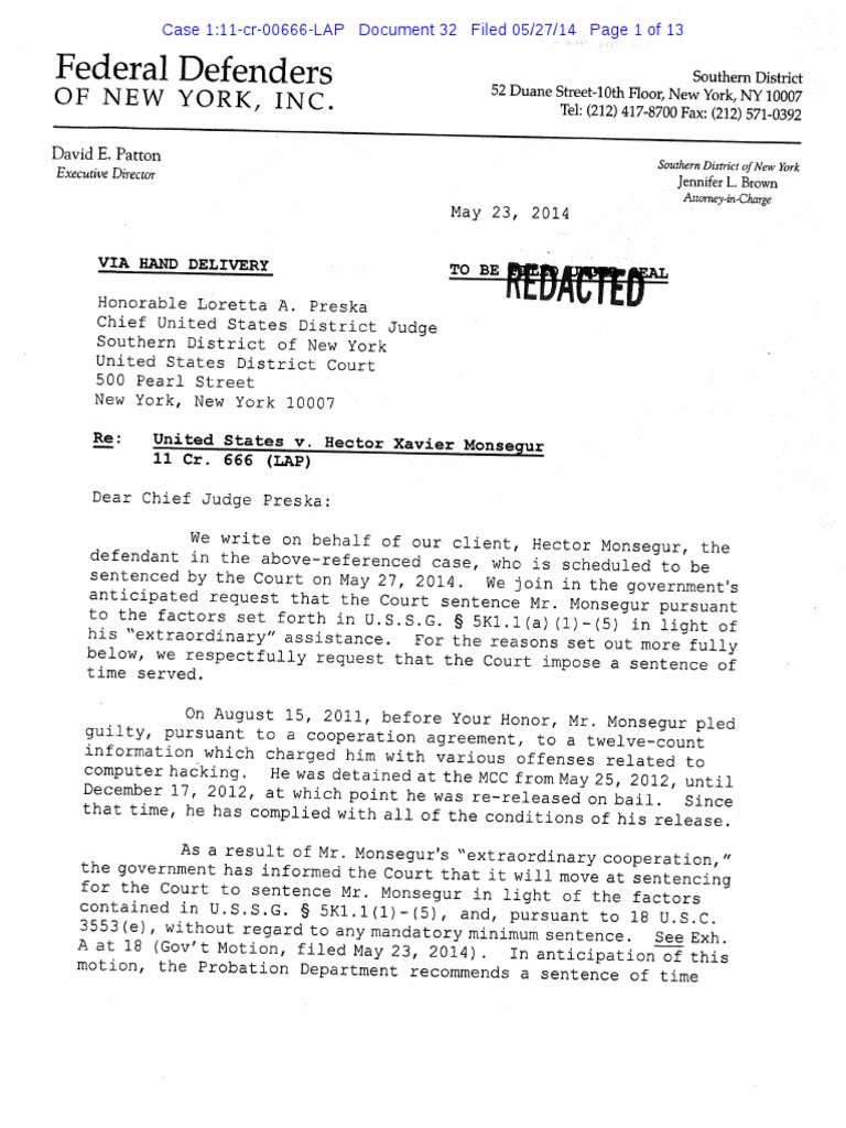 Monsegur Defense Presentencing Memo United States Federal