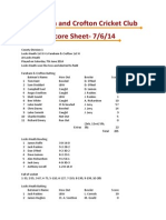 Fareham and Crofton Cricket Club Score Sheet-7/6/14