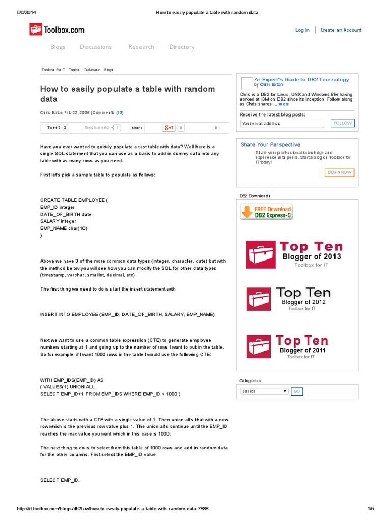 How To Easily Populate A Table With Random Data | PDF | Ibm Db2 | Sql