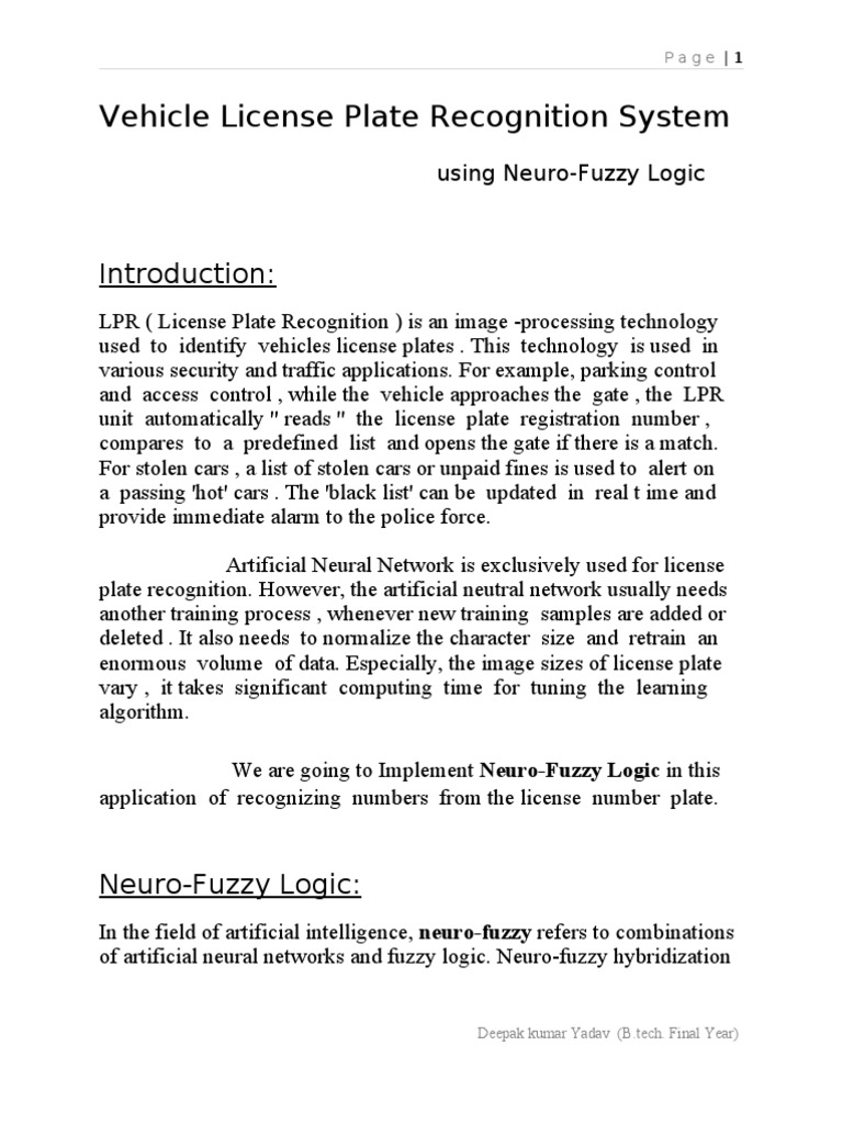 Vehicle License Plate Recognition System | PDF | Fuzzy Logic ...