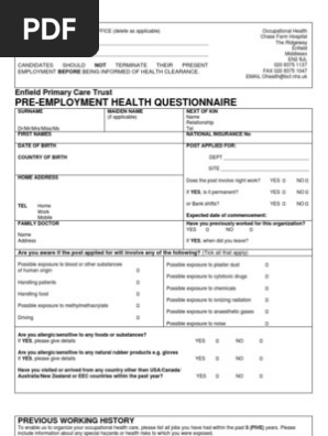 Pre Employment Occupational Health Form Hepatitis B Vaccines