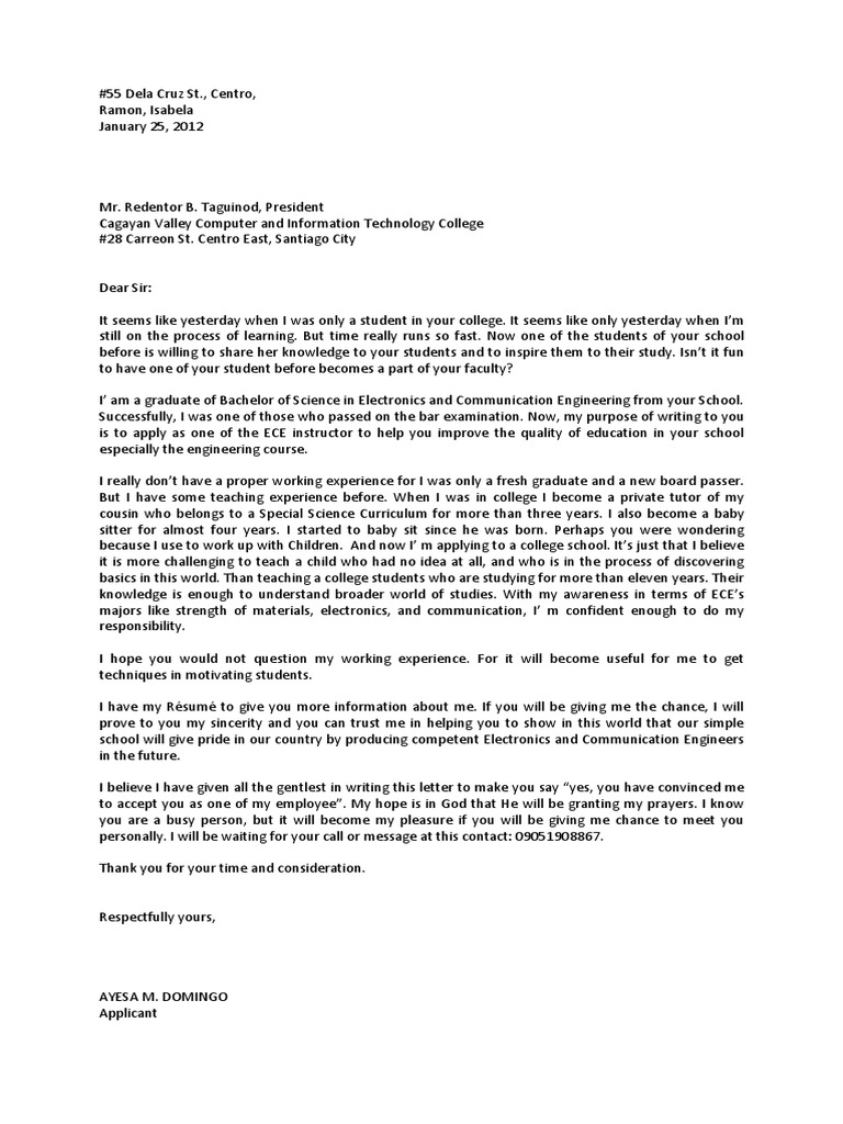Application Letter | College | Electrical Engineering