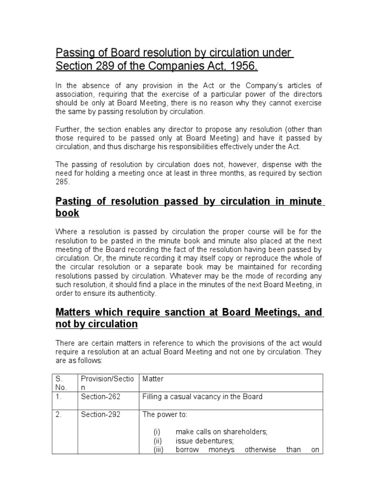 Circular Resolutions Under Section 289 | PDF | Board Of Directors ...