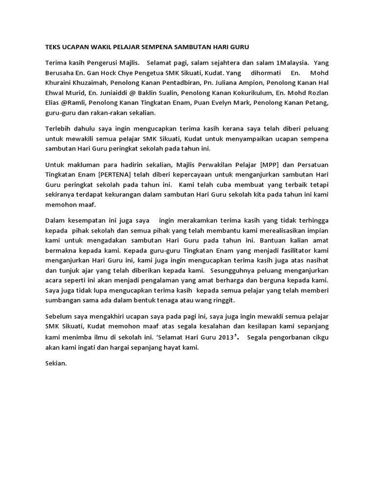 Teks Ucapan Wakil Pelajar Sempena Sambutan Hari Guru Pdf