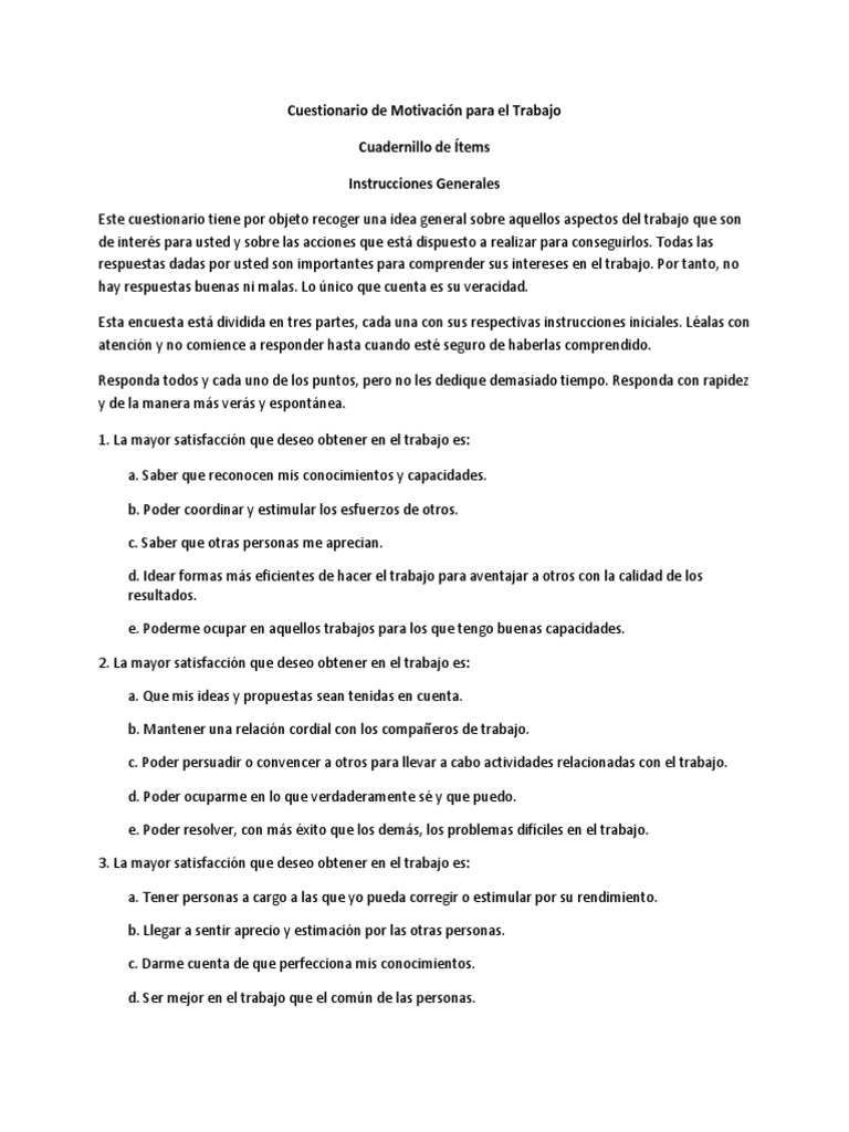 Cuestionario de Motivación para El Trabajo | PDF | Motivación ...