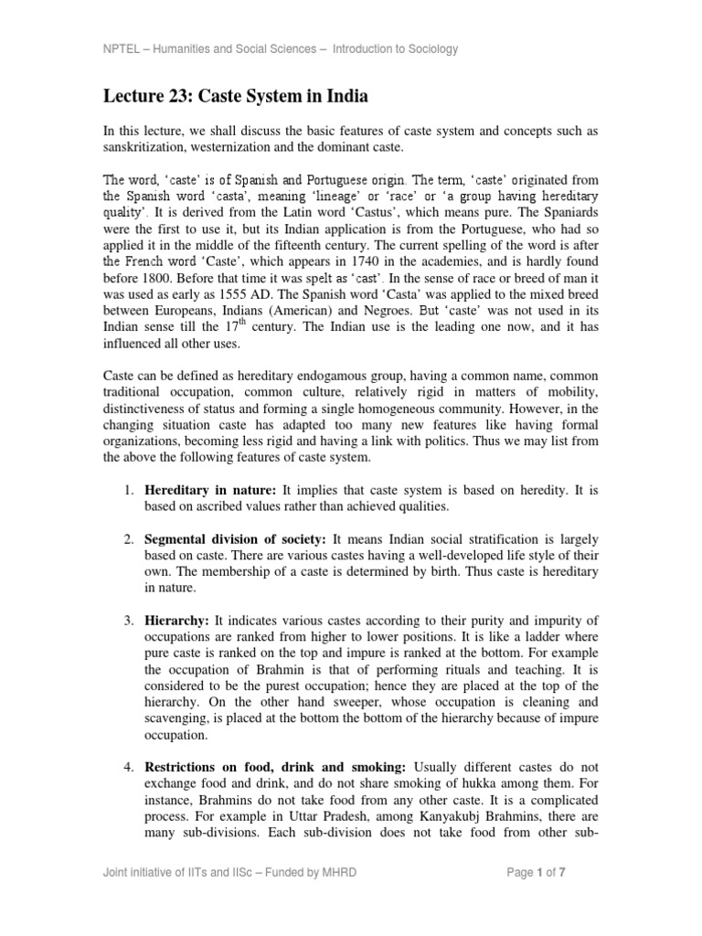 Features of India's Caste System | PDF