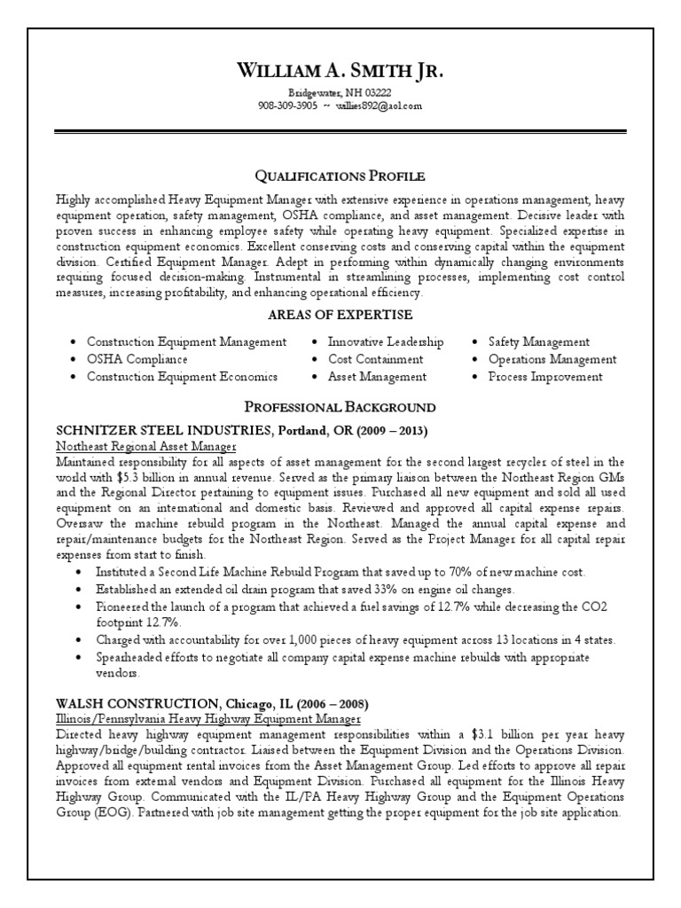 Heavy Equipment Manager in USA Resume William Smith Heavy Equipment Illinois