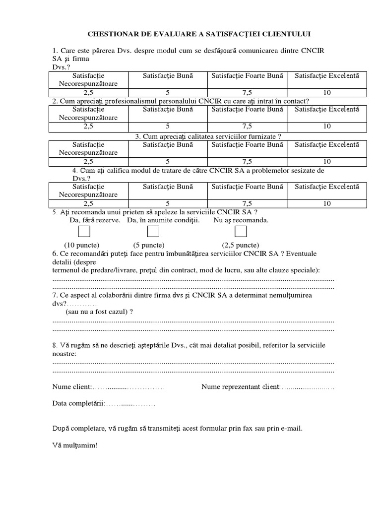 Fisa Satisfactie Client | PDF