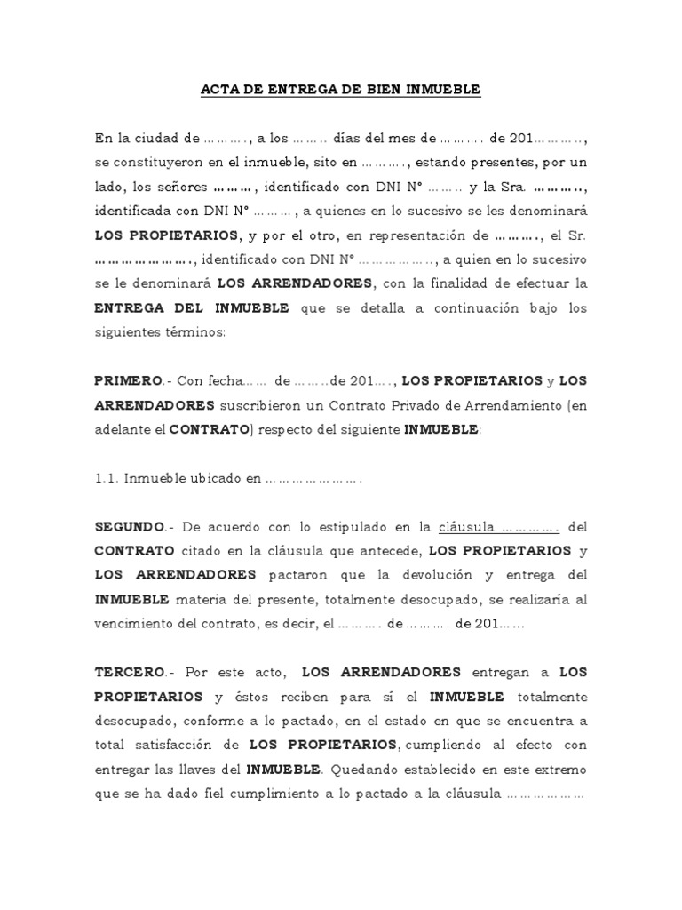 Acta De Entrega De Bien Inmueble