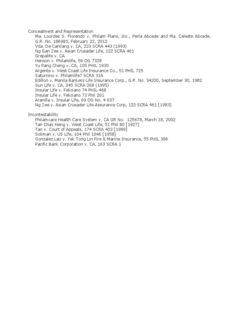 CASES For Insurance Concealment and Representation PDF