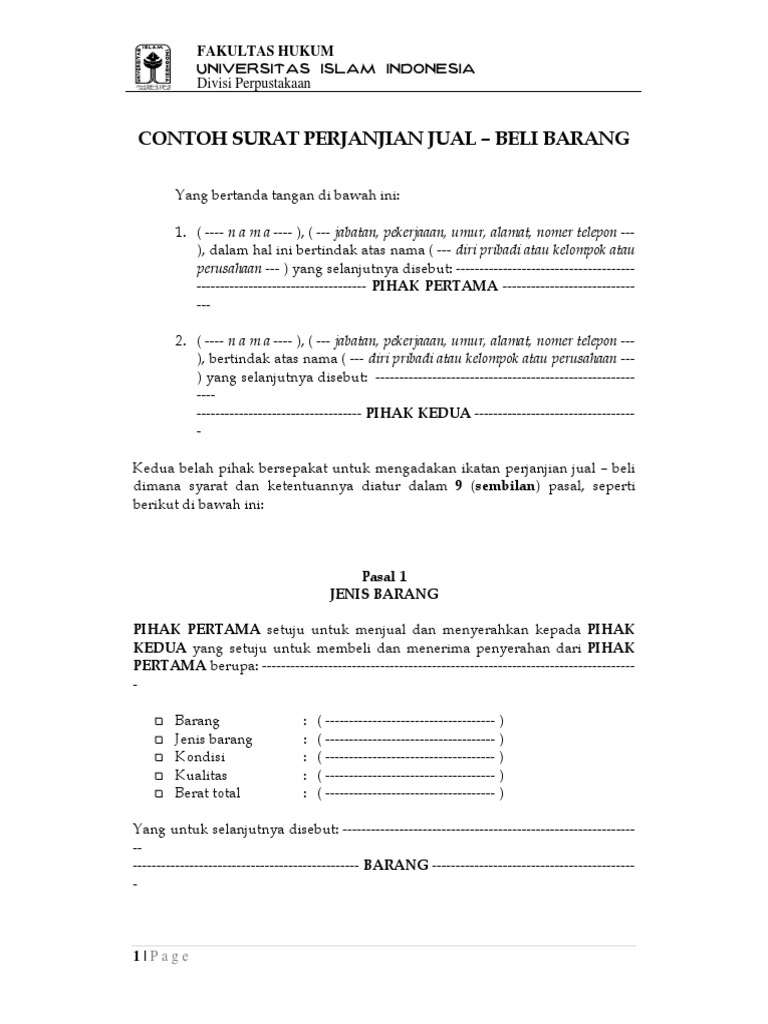 Contoh Surat Perjanjian Jual Beli Barang Retail Contoh Surat