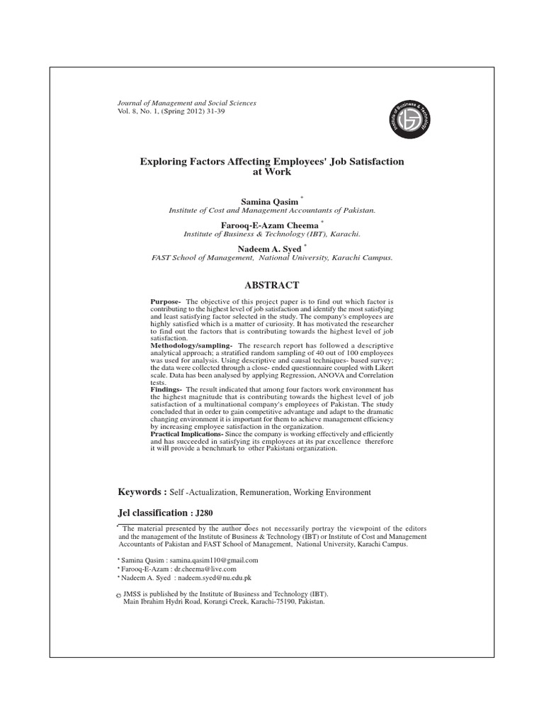 Factors Influencing Job Satisfaction in Pakistan | PDF | Job ...