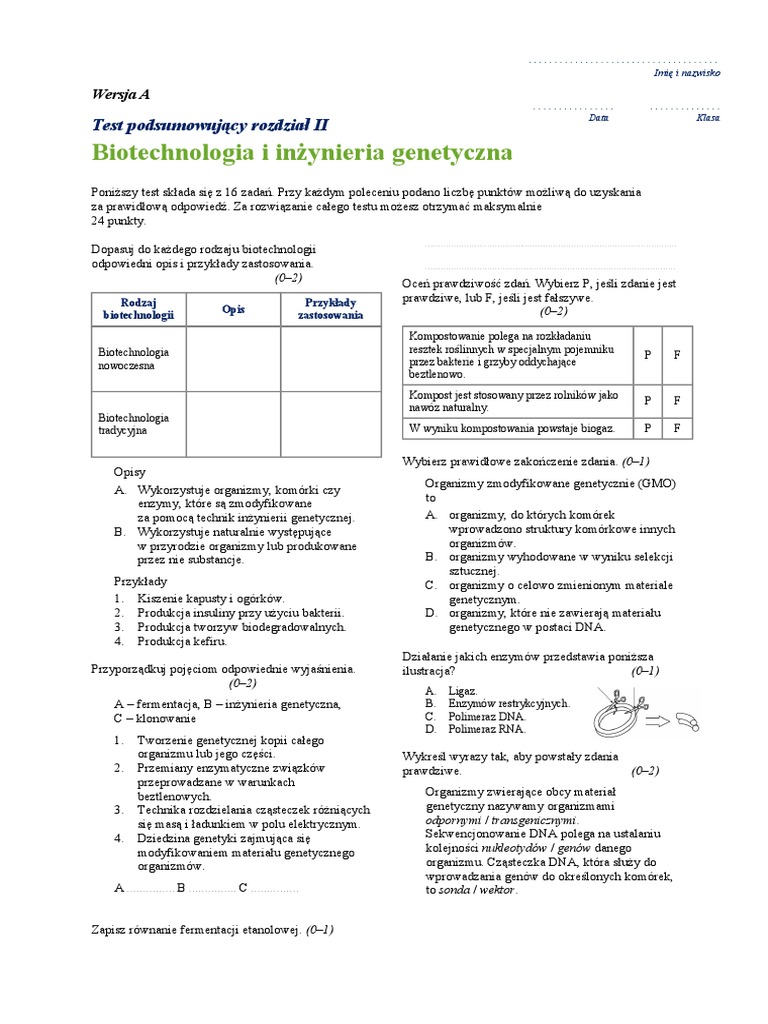 Biologia Biotechnologia I Inżynieria Genetyczna Odpowiedzi