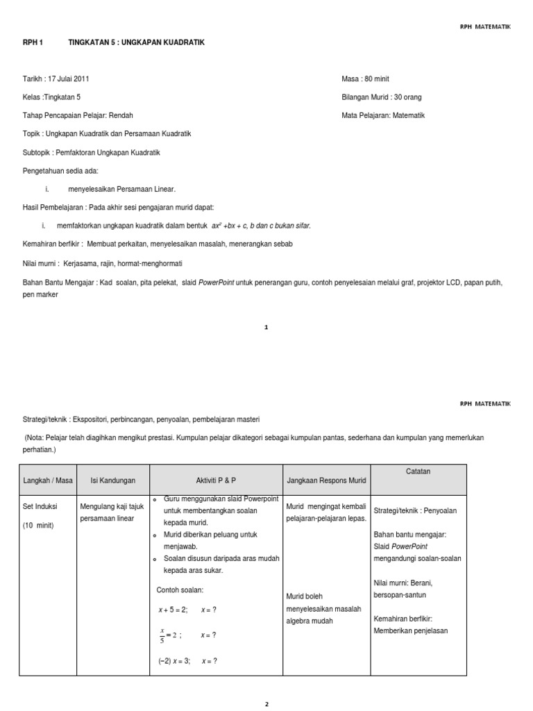 Rph 1 Tingkatan 5: Ungkapan Kuadratik: +bx + c, b dan c  Rph 1 Tingkatan 5: Ungkapan Kuadratik: +bx + c, b dan c