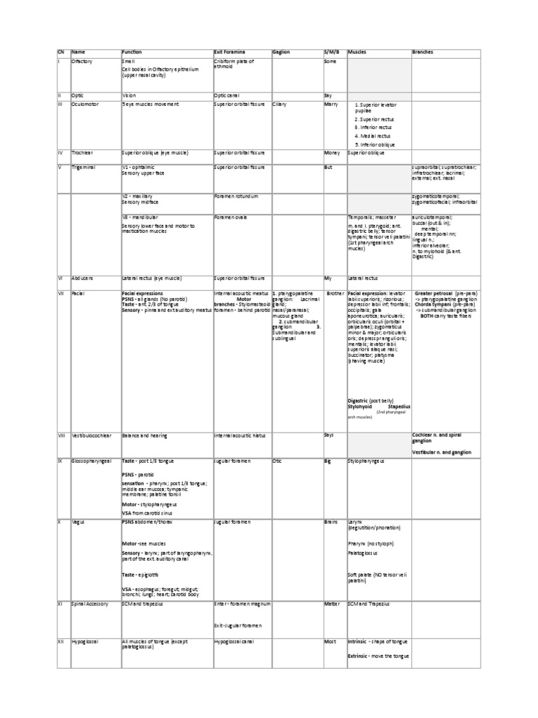 Cranial Nerves Table - Names, Functions | Facial Features | Anatomy