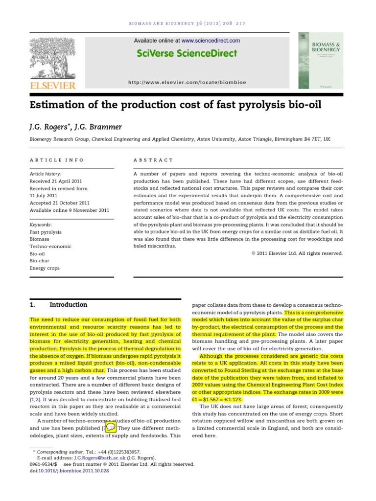 Cost Analysis of Fast Pyrolysis Bio-Oil | PDF | Biomass | Pyrolysis