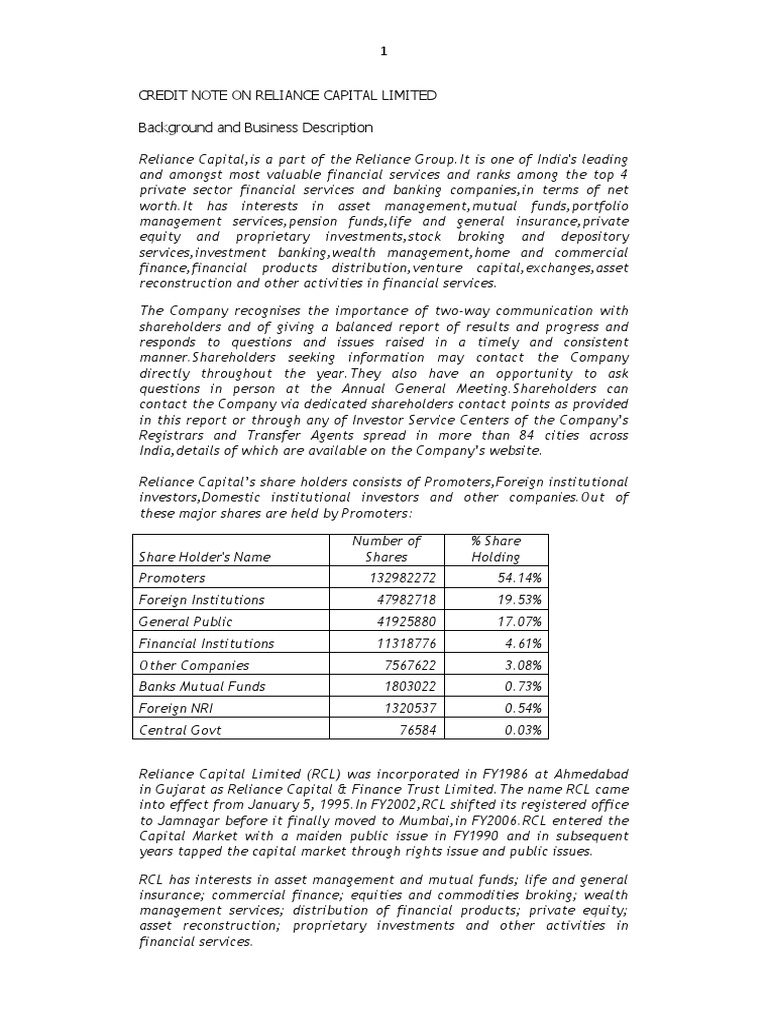 Reliance Capital Credit Note Overview | PDF | Banks | Investing