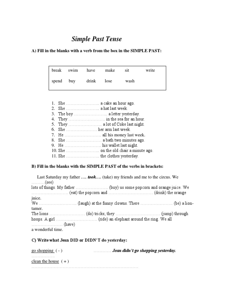Simple Past Tense: A) Fill in The Blanks With A Verb From The Box in ...