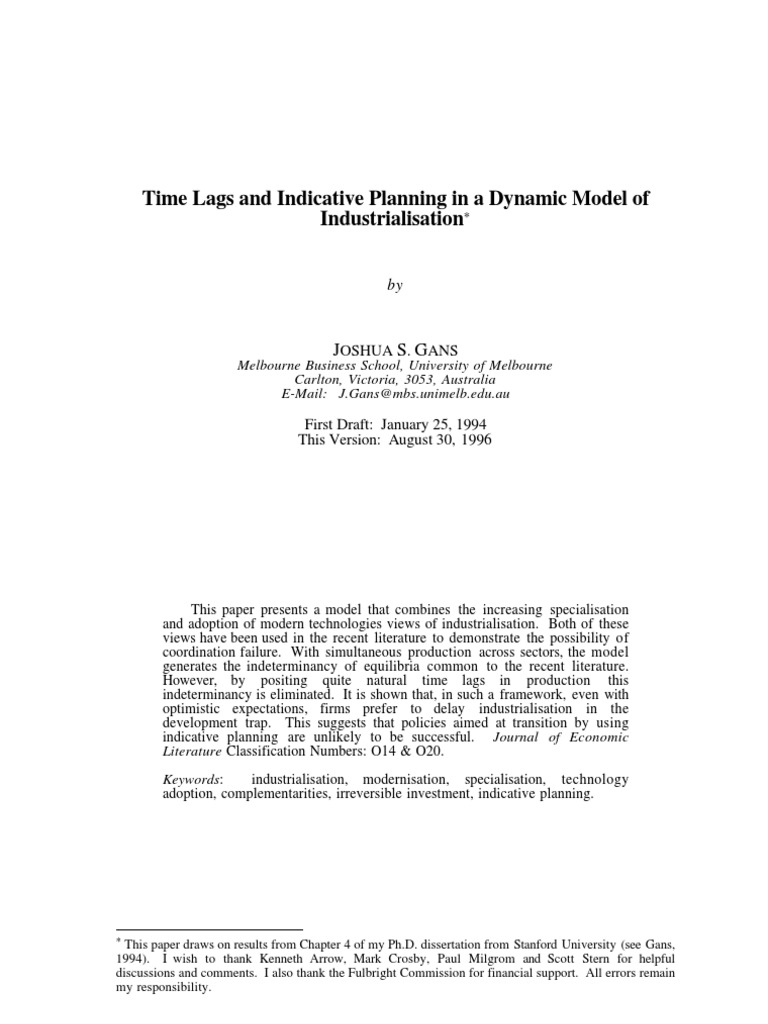 Time Lags and Indicative Planning in A Dynamic Model of | PDF | Labour ...
