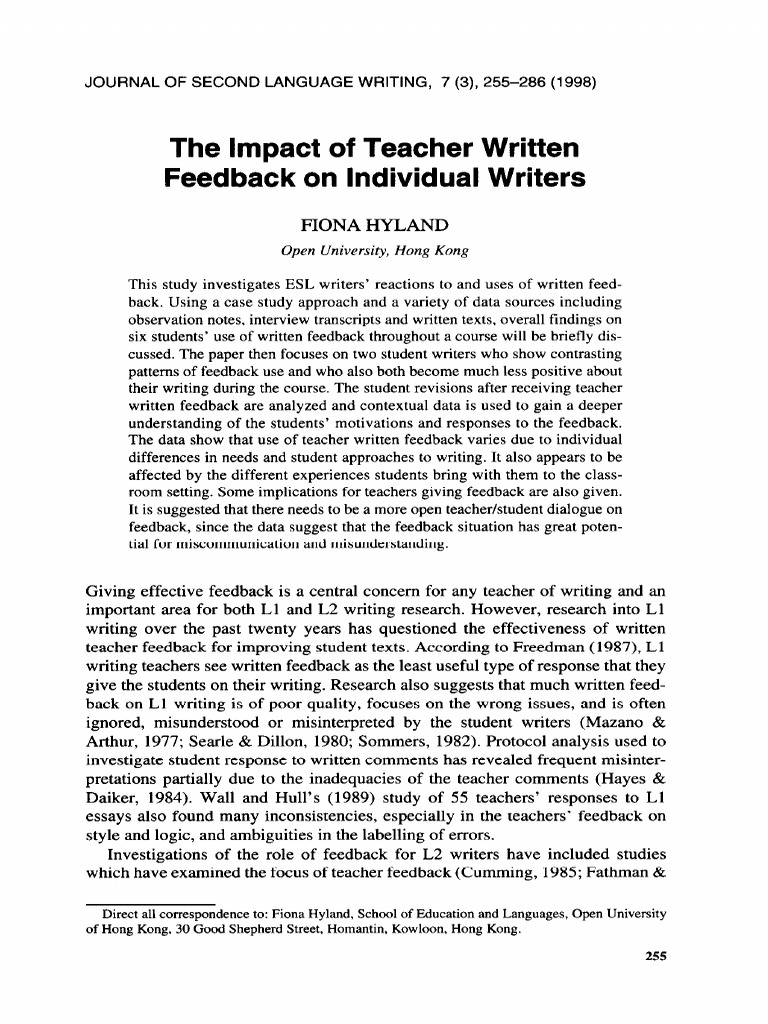 Teacher Feedback Impact on ESL Writers | PDF | English As A Second Or ...