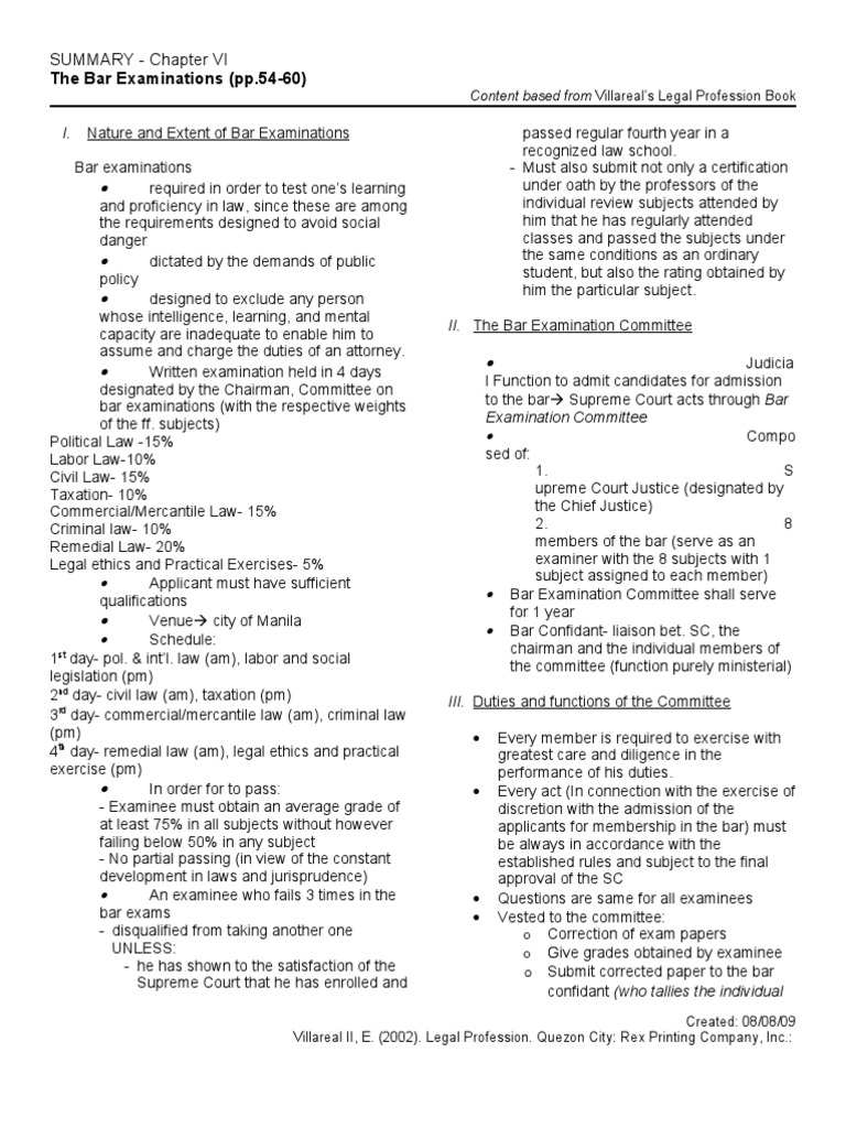 The Bar Examinations (pp.5460) SUMMARY Chapter VI