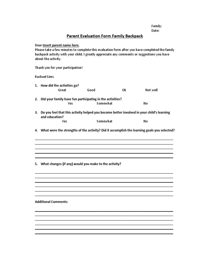 Family Backpack Activity Evaluation Form | PDF | Career & Growth