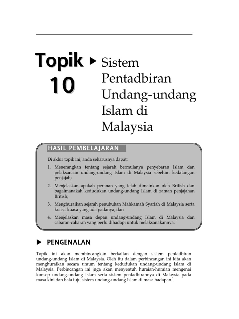 Topik 10 Sistem Pentadbiran Undang Undang Islam Di Malaysia  PDF