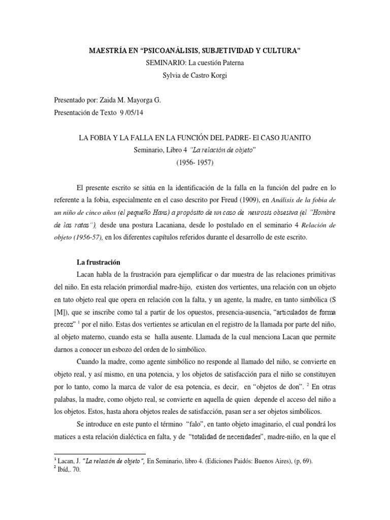 Fobia y función paterna en Juanito | PDF | Jacques Lacan | Complejo de ...