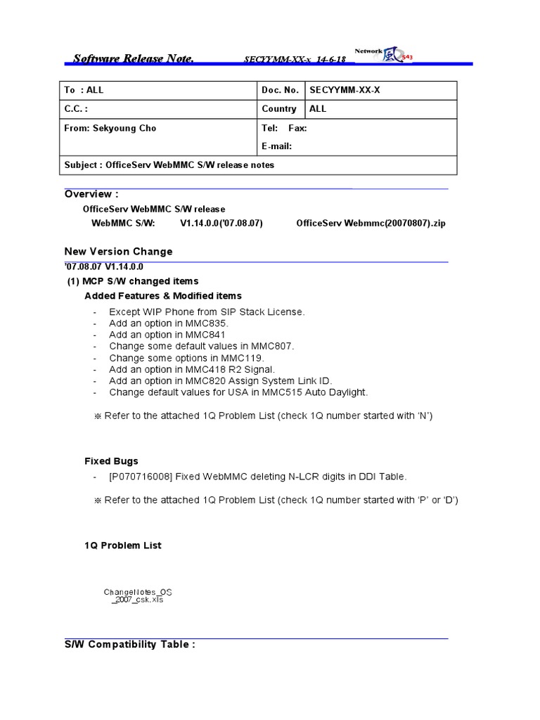 Software Release Note.: Overview | PDF | Computers